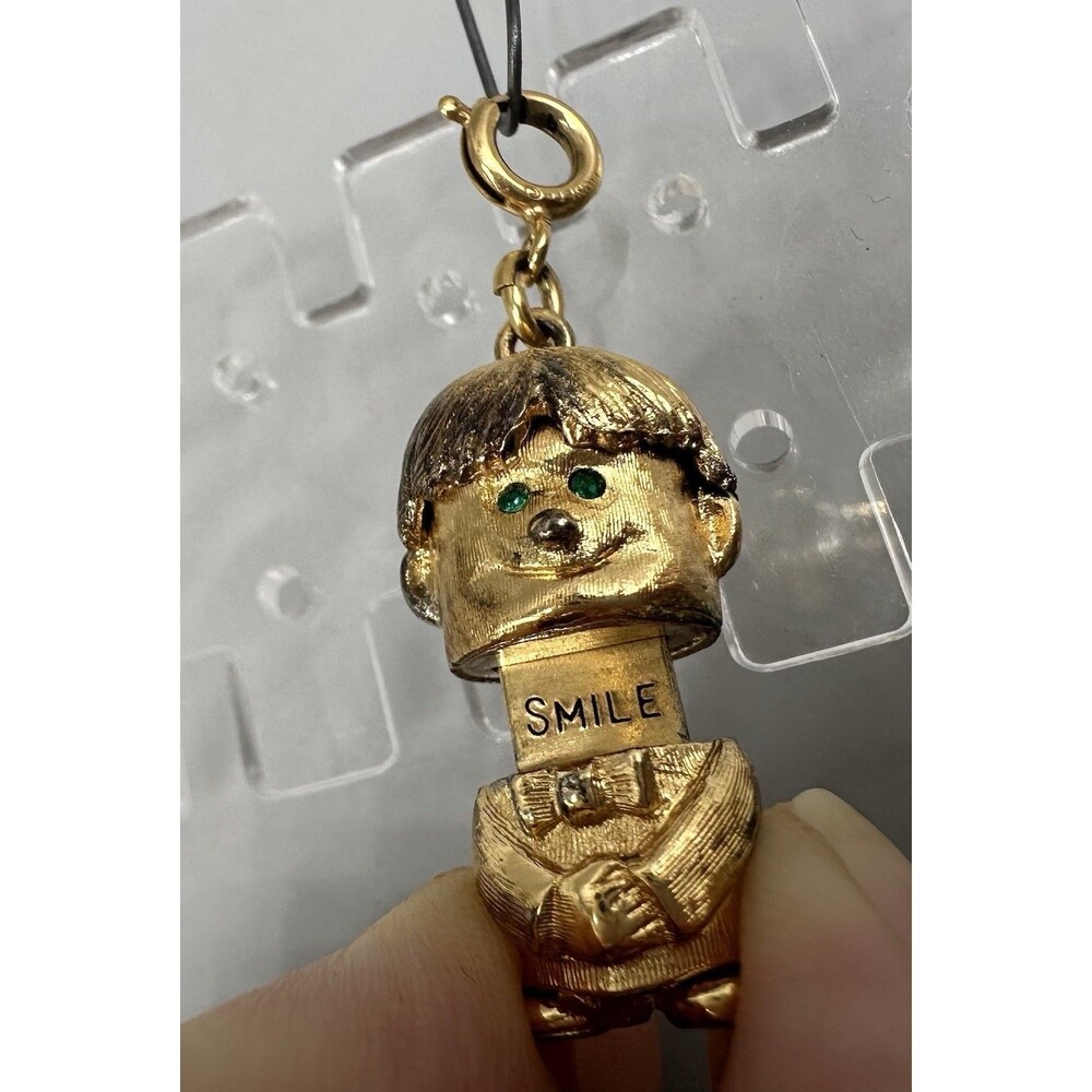 Monet Articulated Boy Pull For Smile W Rhinestone Eyes Charm Vintage Gold Tone!